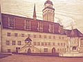 Holzbild: Rathaus Zeitz mit Finkgräfebrunnen um 1925